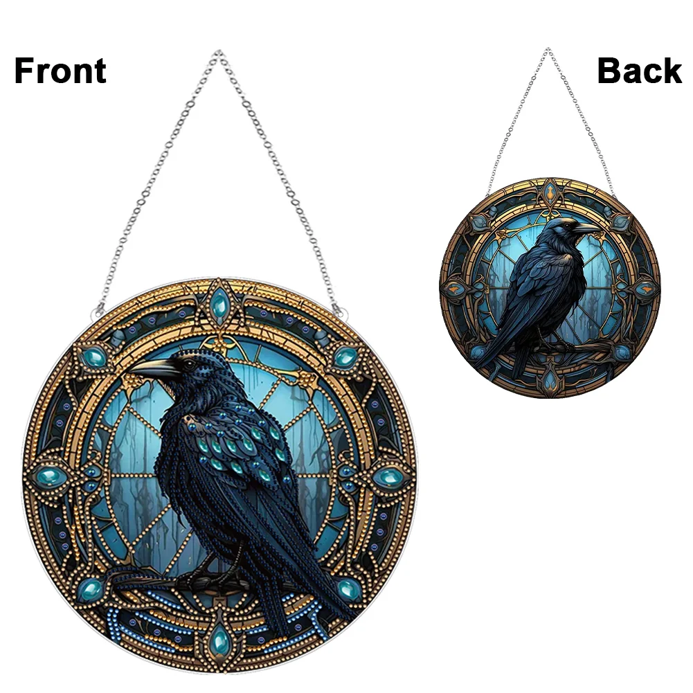 DIY Stained Glass Crow Acrylic Special Shaped Hanging Diamond Painting Art Pendant Suncatcher Home Windows Decor 