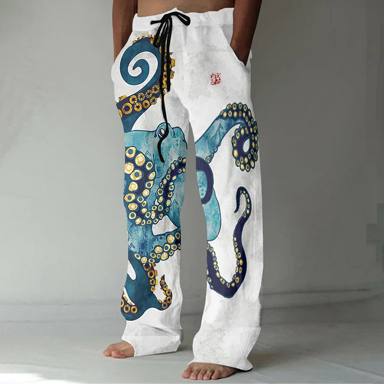 Casual Japanese Art Octopus Print Drawstring Linen Blend Pocket Pants