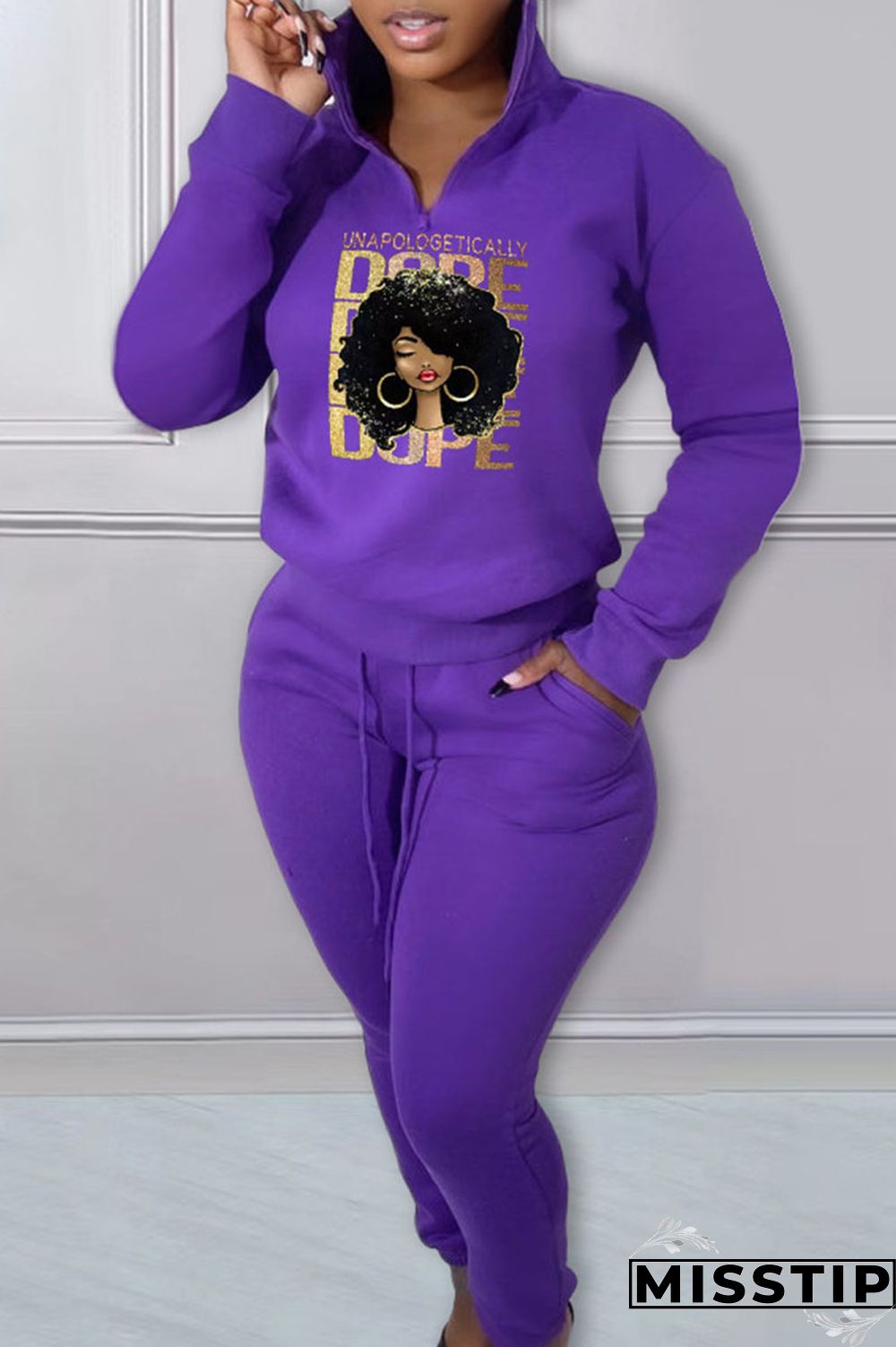 Green Casual Print Patchwork Zipper Collar Long Sleeve Two Pieces