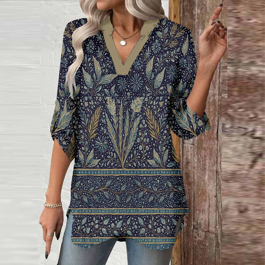 Women Retro, Black DZGA0144 3/4 Sleeve V-neck Printed Graphic Button Tops