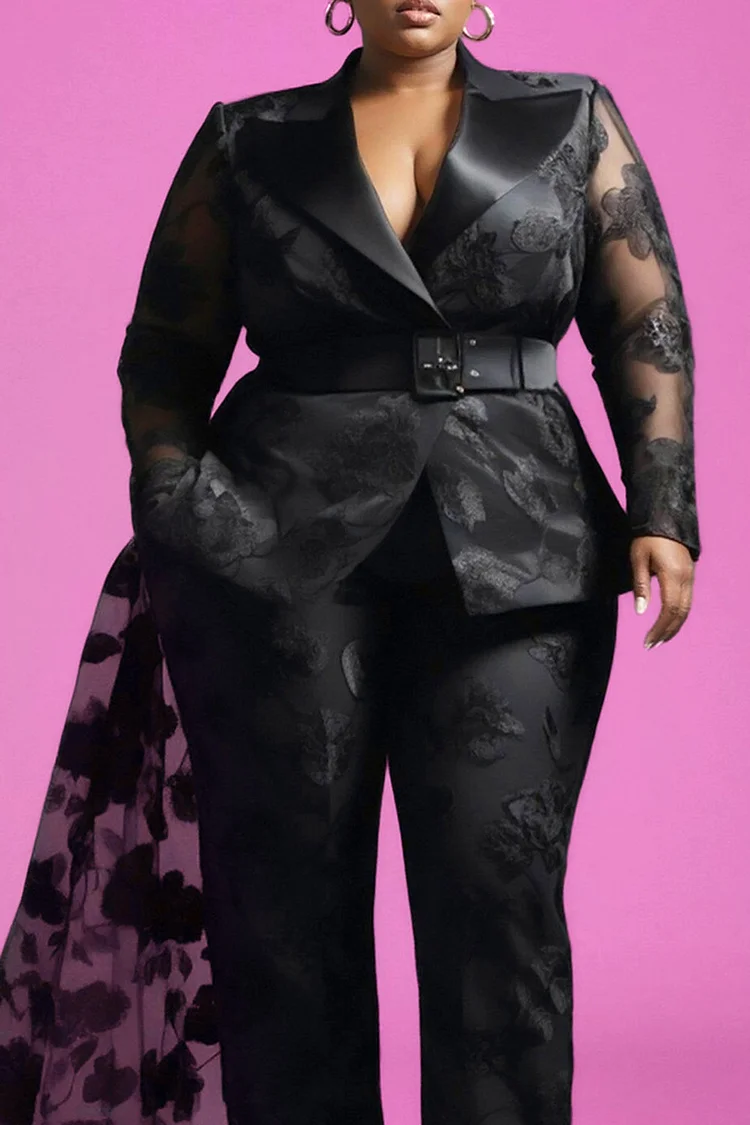 Xpluswear Design Plus Size Formal Black Lapel Collar Long Sleeve See Through Elegant Lace With Skirt Overlay Two Piece Pant Suits [Pre-Order]