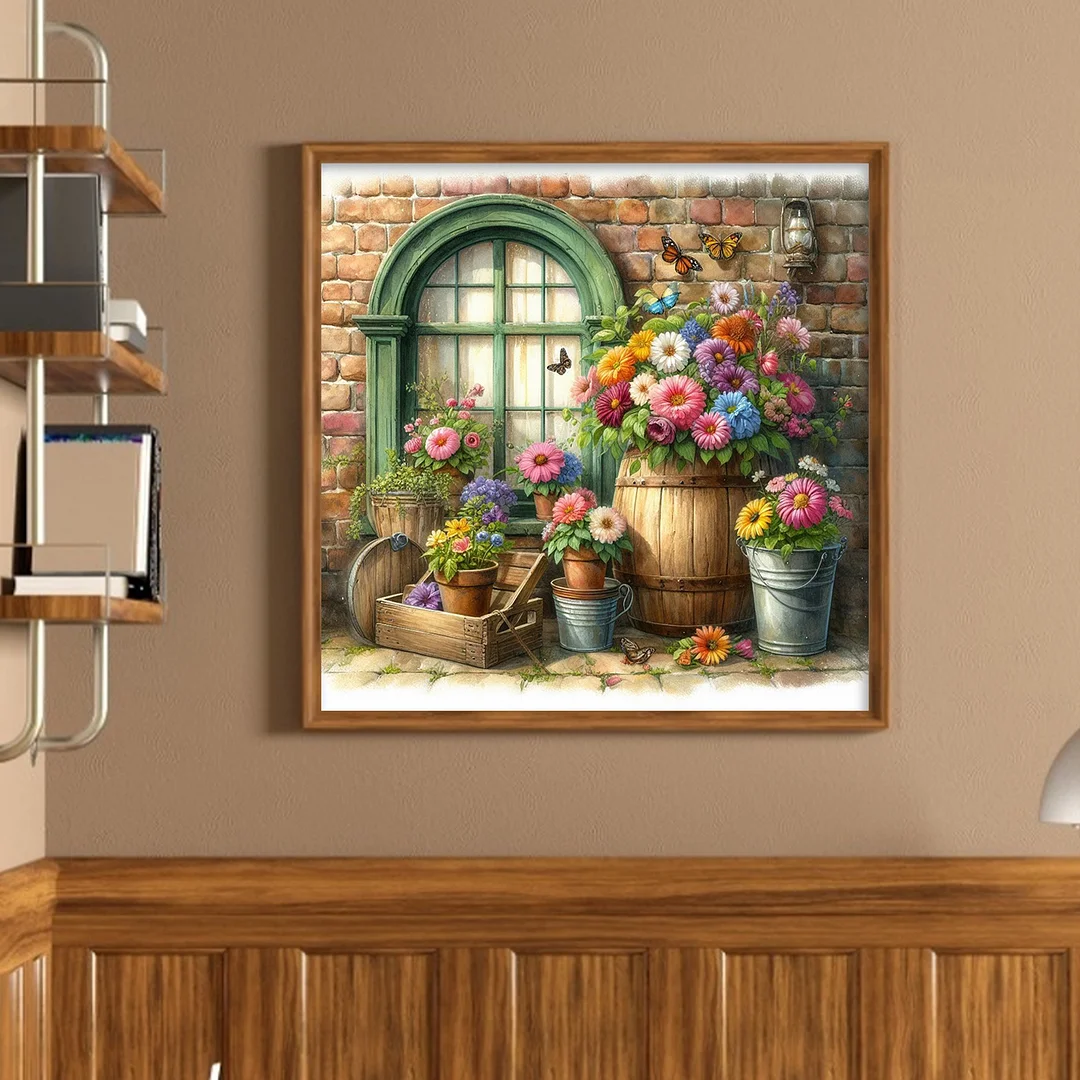 Flowers By The Window Full 11CT DIY Stamped Cross Stitch Kits 40x40cm for Adults