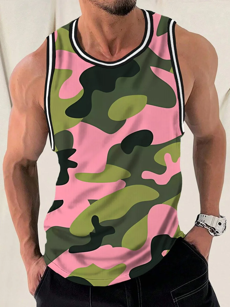 Stylish Contrasting Camouflage Print Crew Neck Tank Top