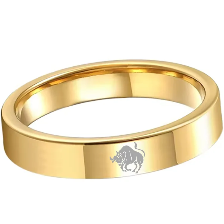 Taurus Tungsten Carbide Rings Gold Flat Wedding Bands Comfort Fit Mens and Womens 4MM 6MM 8MM