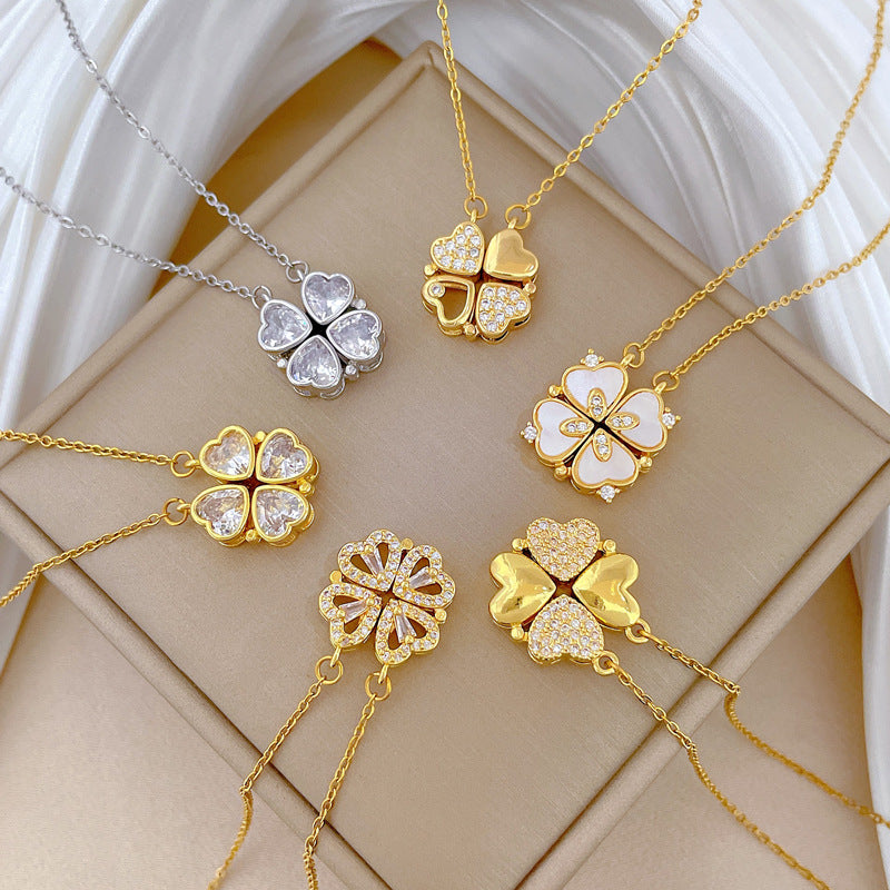Women'S Necklace Two-Piece Heart-To-Heart Opening And Closing Four-Leaf Flower Full Diamond All-Match Clavicle Chain Titanium Steel
