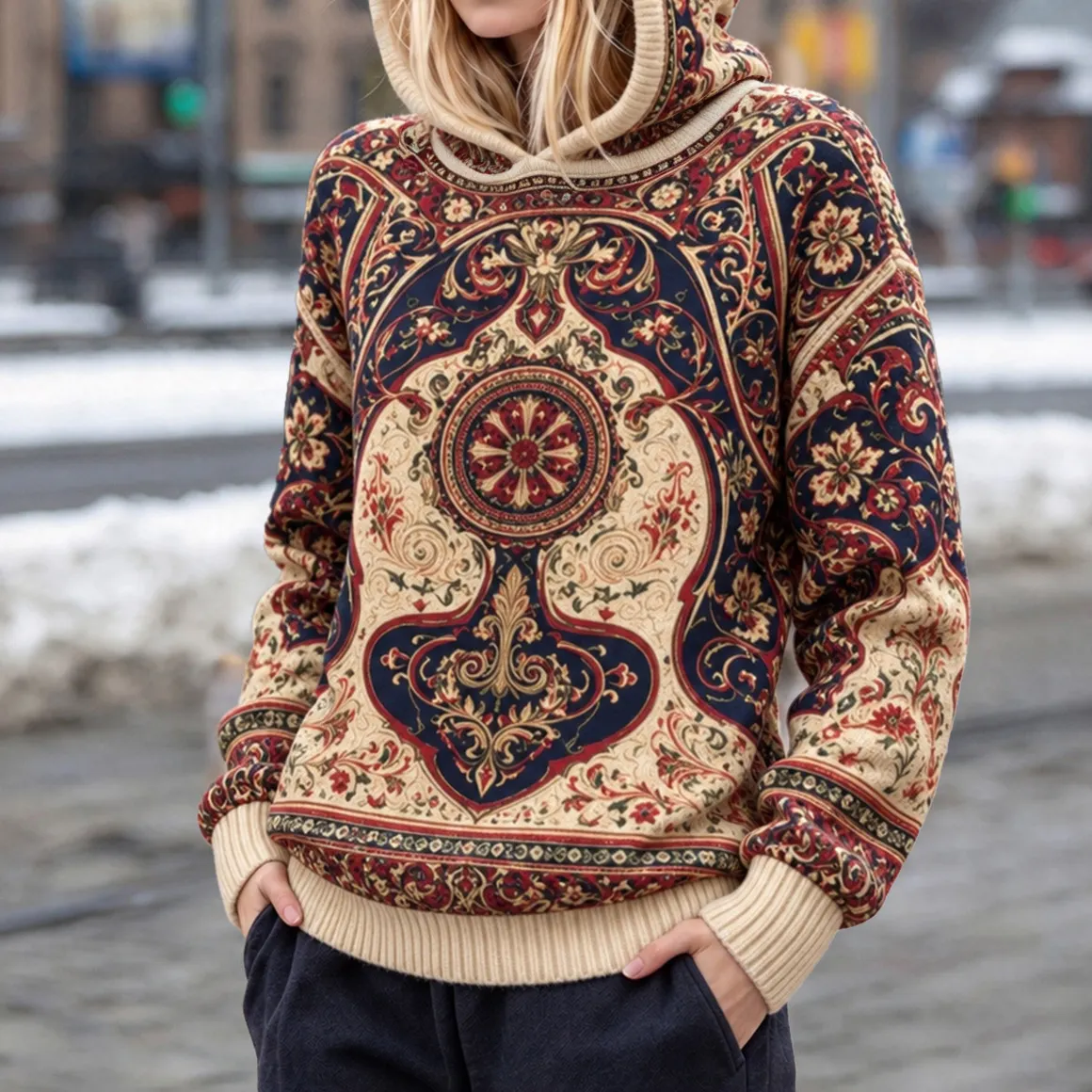 Comstylish Women's Vintage Ethnic Floral Art Print Knit Hoodie