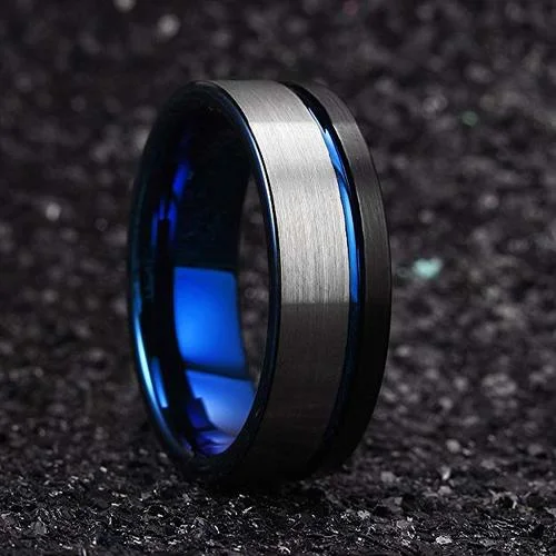 6MM 8MM 10MM Women's Or Men's Blue,Black and Silver / Gray Triple Tone Tungsten Carbide Wedding Rings Pipe Cut Flat Edges and Comfort Fit