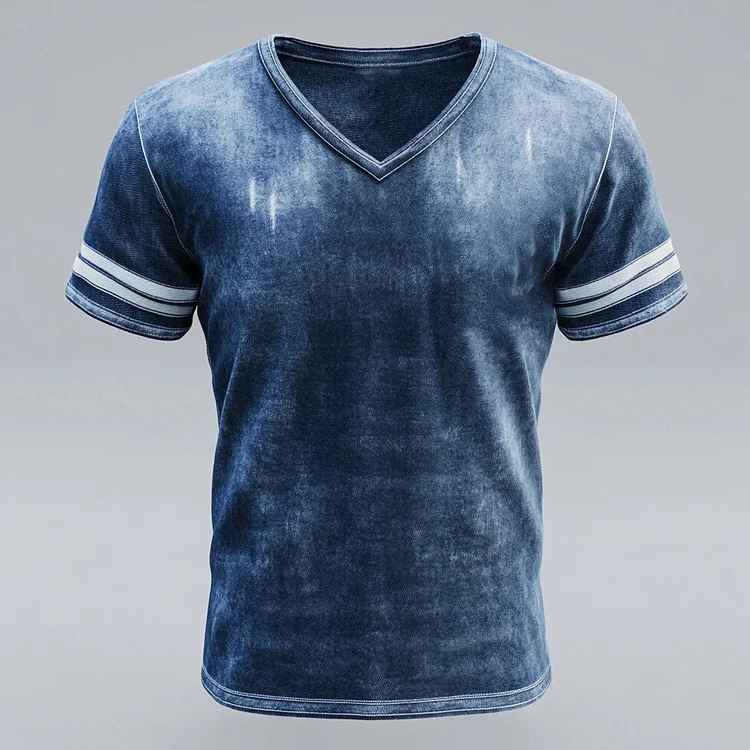 Men's V Neck Short Sleeve Striped Denim T-Shirt