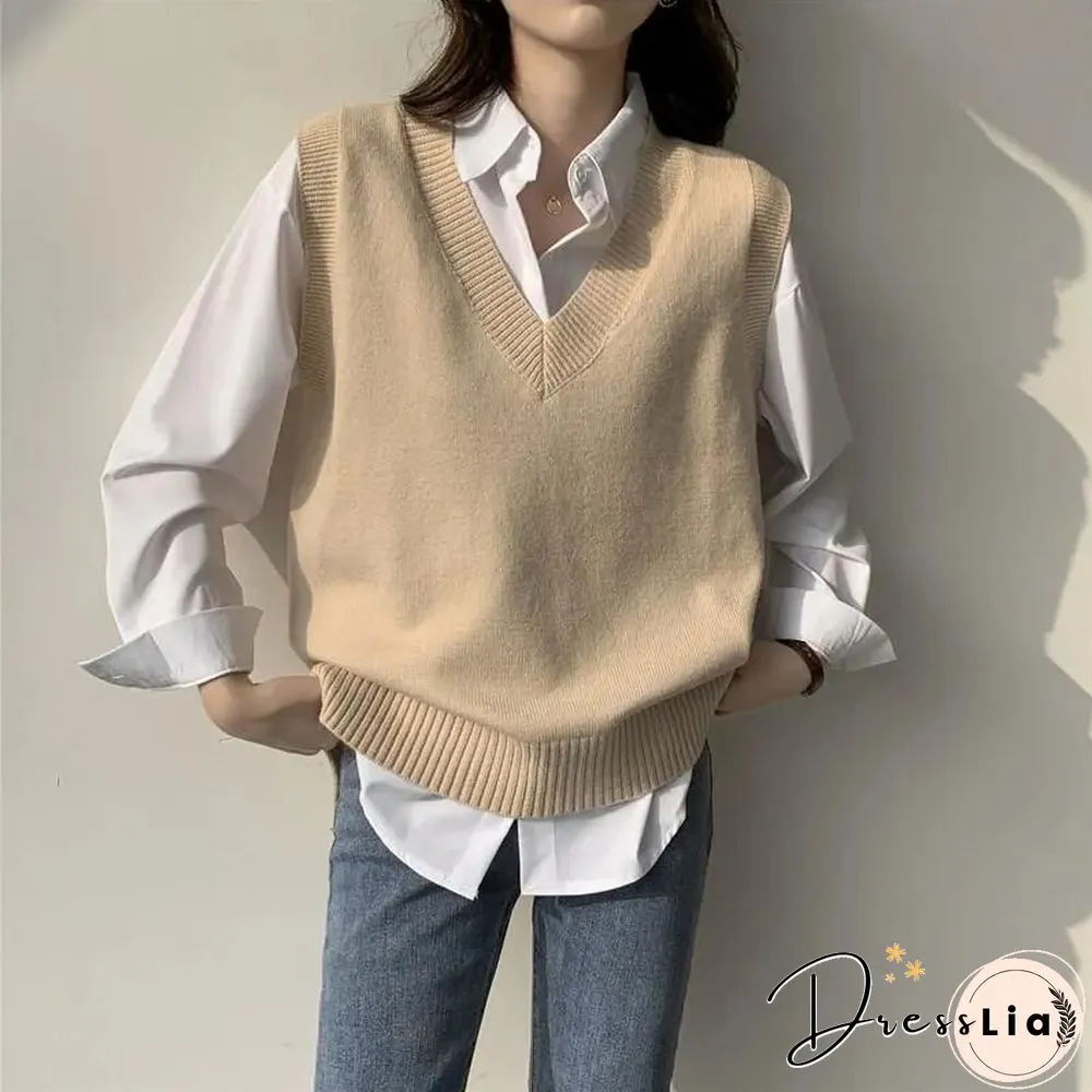Fashion Sweater Vest Women Autumn V-neck Knit Pullover Female Solid All-match Casual