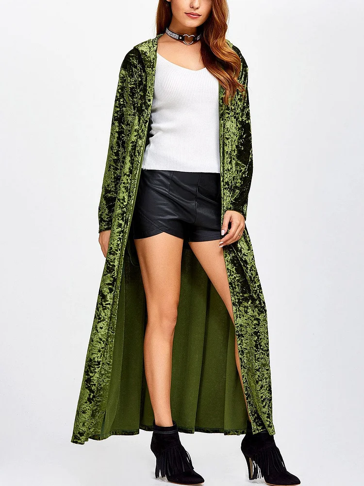 Green maxi velvet leisure outerwear with hood
