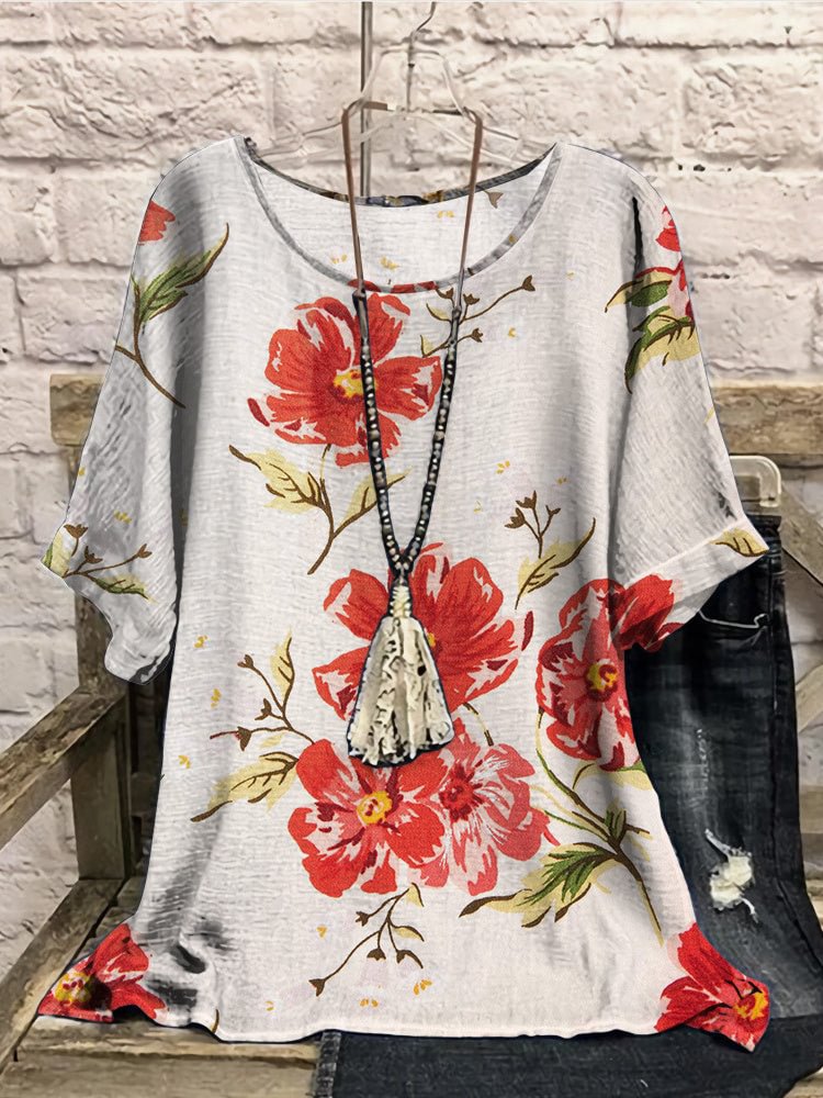 Women Half Sleeve Scoop Neck Floral Printed Colorblock Red and White Women Tops