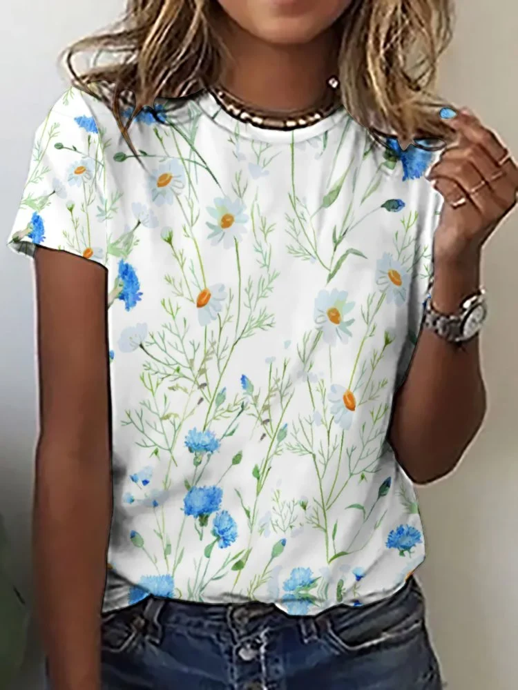 Printed Short Sleeve Casual T-shirt for  Women and Men Unisex Pattern Blue,Floral,White