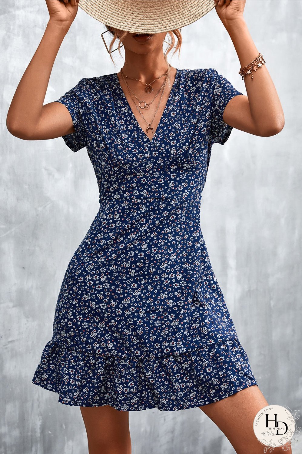 Ditsy Floral V-Neck Short Sleeve Dress