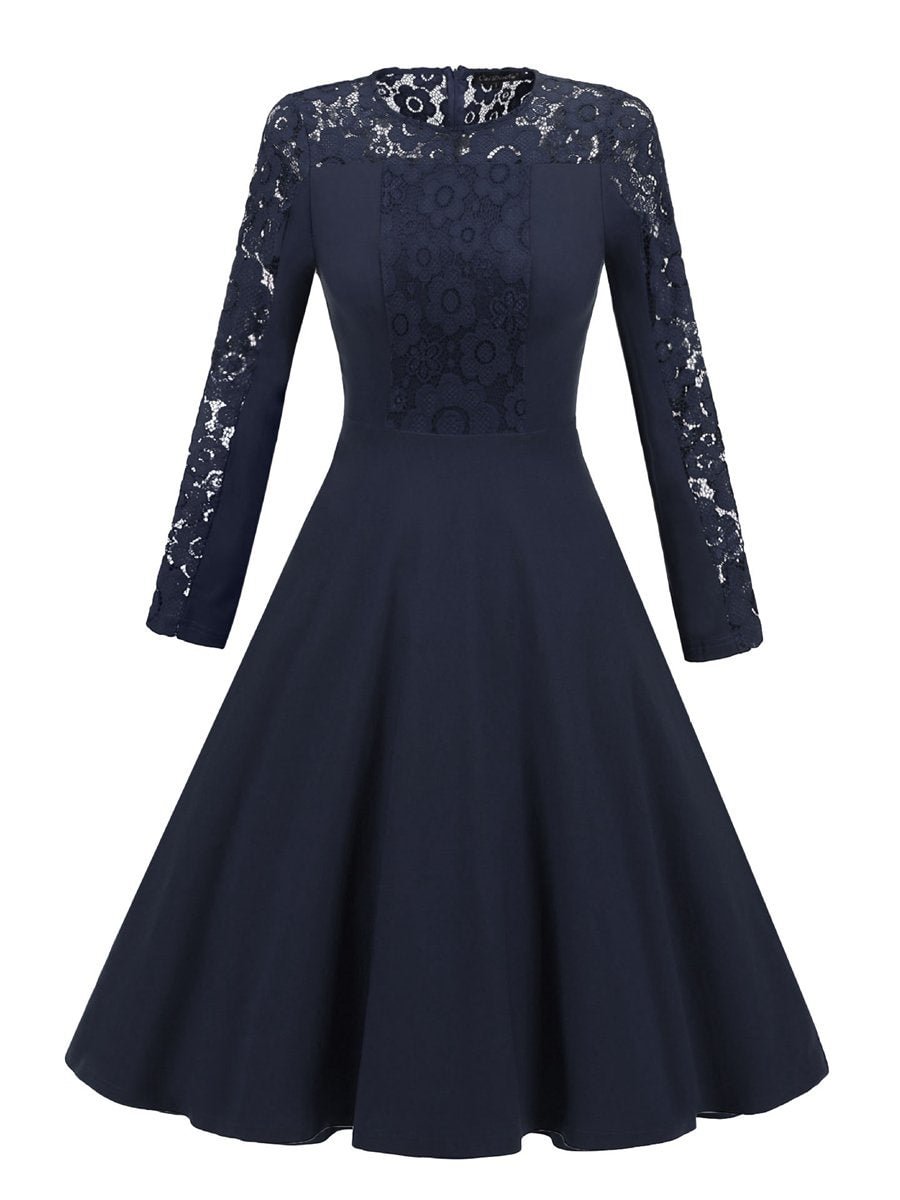 Elegant Solid Color Long Sleeve Stitching Lace Dress