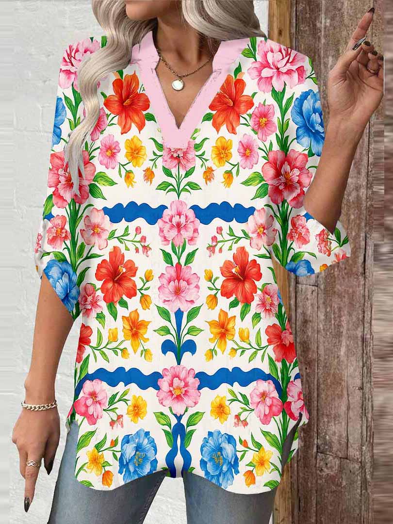 Women Floral, Plaid, Blue, Red DZGA0157 3/4 Sleeve V-neck Printed Graphic Button Tops