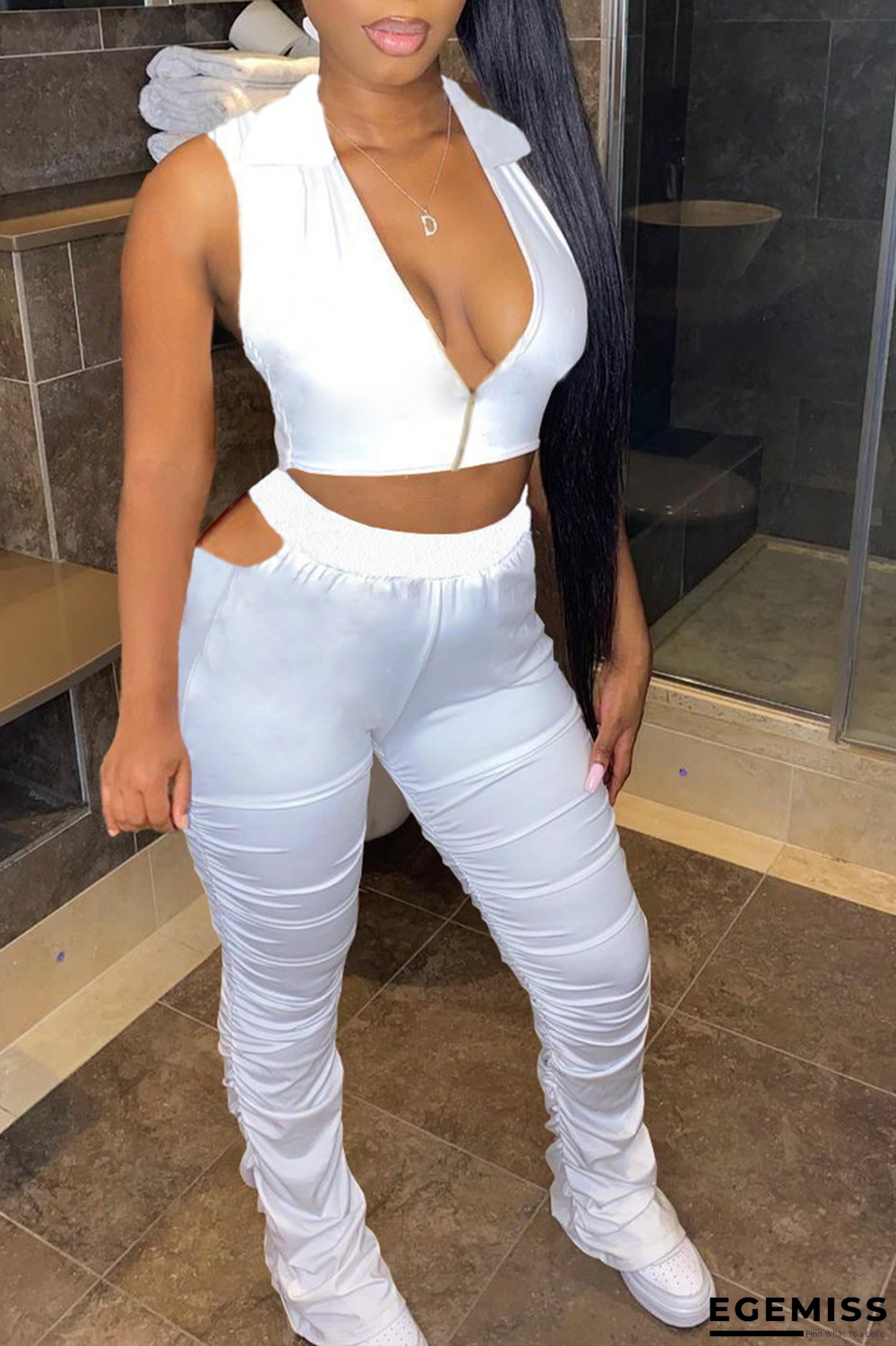 White Sexy Solid Hollowed Out V Neck Sleeveless Two Pieces | EGEMISS