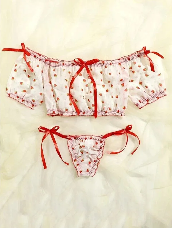 Porno Women's Sexy Lingerie Mesh Bra Set Off Shoulder Ruffle Underwear Cute Wireless Transparent Bralette Thong Intimates