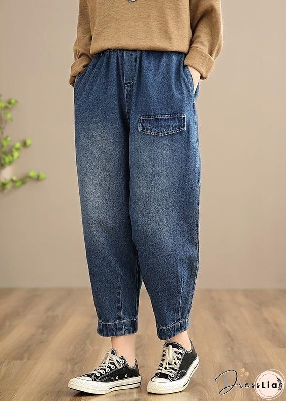 Handmade Spring Casual Pants Oversize Denim Blue-little flower Photography Elastic Waist Trousers