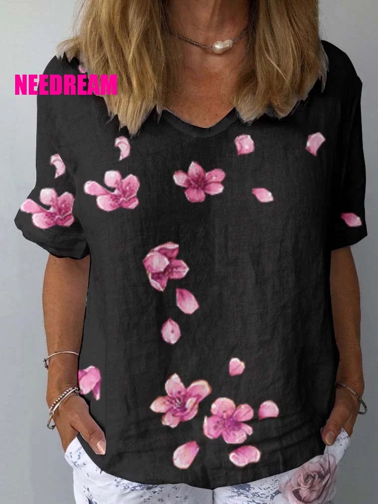 Womens Floral Pattern Print Cotton And Linen Top