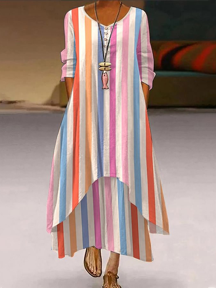 Comstylish Striped Print Crew Neck Double Layer Maxi Dress