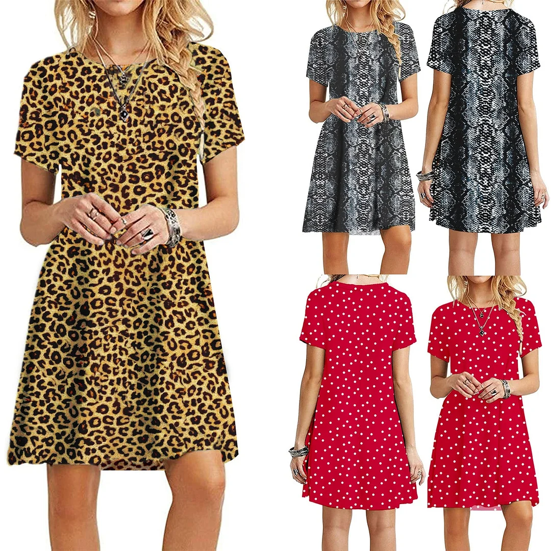 26 Color Summer Womans Printed Dress Short Sleeve Mini Causal Dress Crew Neck Basic A-line Floral Printed Leopard Thick Dresses