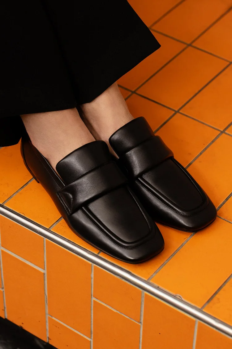 Solid Color Patchwork Square Toe Black Loafers [Pre Order]
