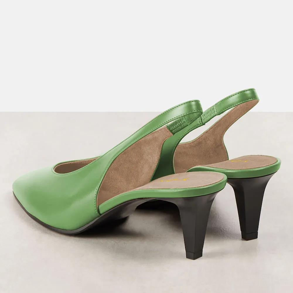 YDN Green Vegan Leather Pointed Toe Cone Heel Slingback Pumps