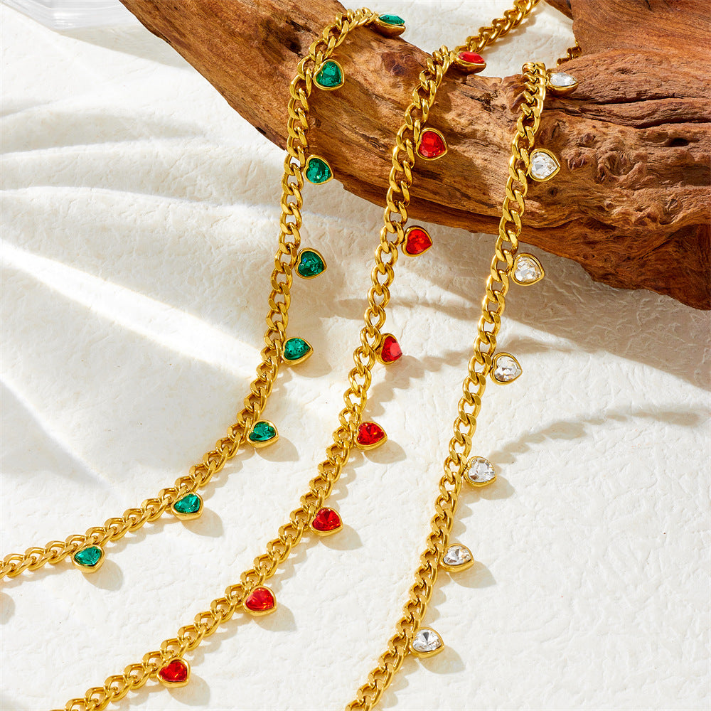 Fashionable Gold-Plated Colorful Heart-Shaped Rhinestone Accessories Stainless Steel Chain Necklace For Women