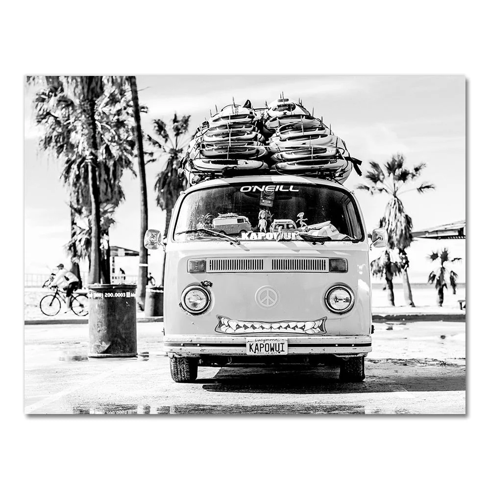 Camper Van Beach Surf Print Palm Tree Art Canvas Painting Black and White Photography Ocean Poster Boho Decor for Living Room