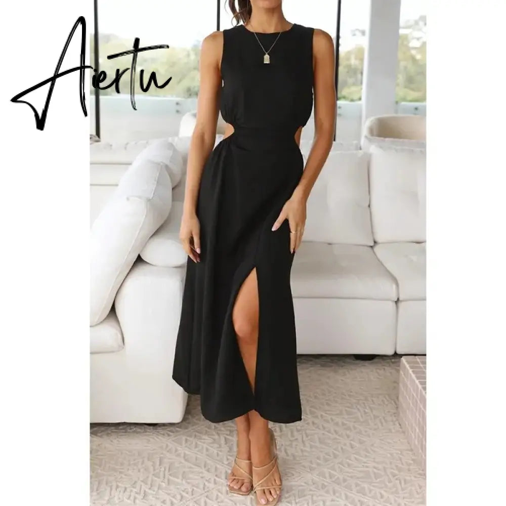 Foridol Side Waist Cut Out Back Zip Women Summer Beach Dress Sleeveless Split Midi Tank Rose Red Female Vestido Robe Casual Aiertu