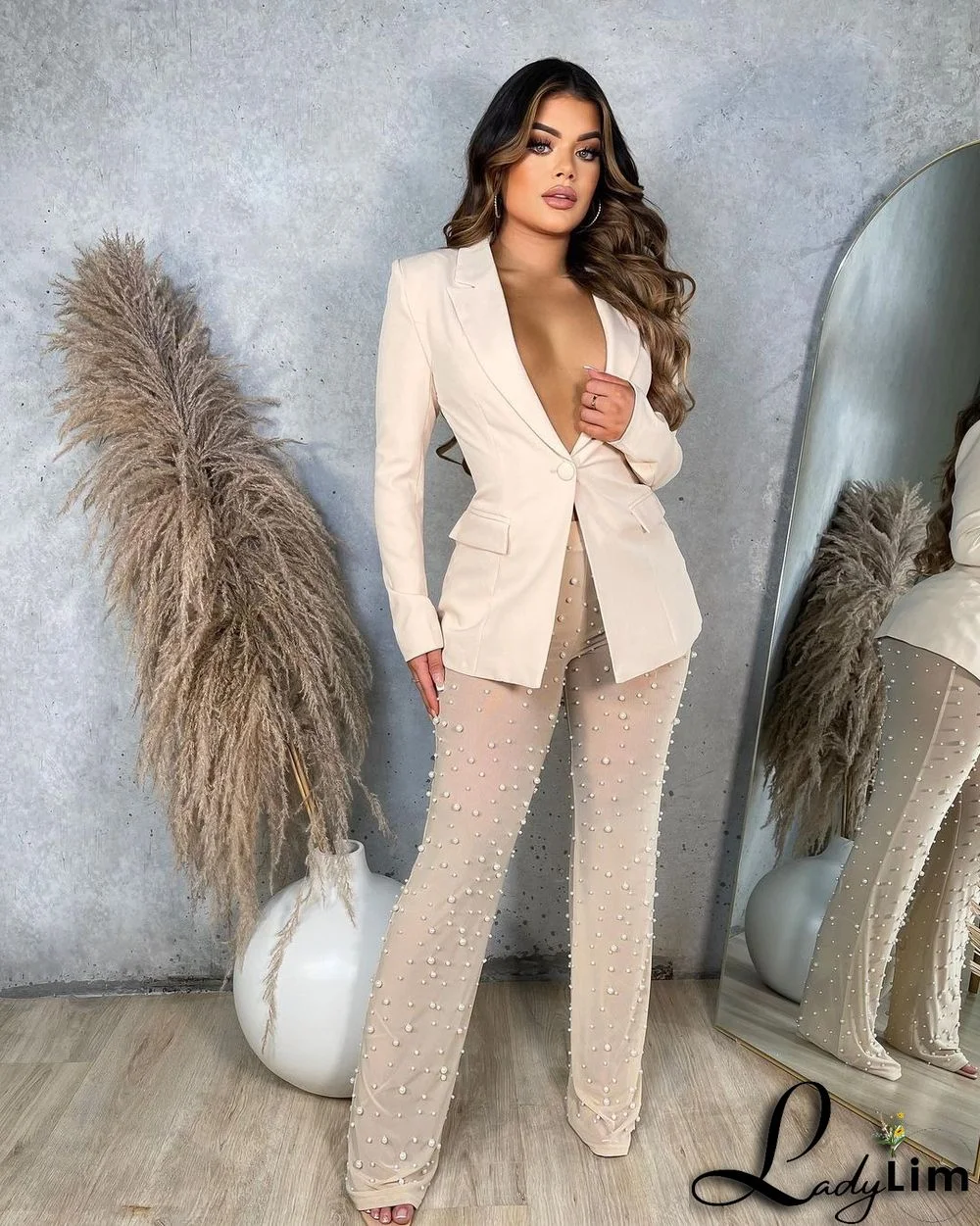 Autumn And Winter Women's Long Sleeve Blazer Beads Mesh Straight Pants Two Piece Suits