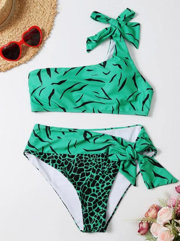 One-Shoulder Floral-Print Split-Joint Split Bikini Swimsuit