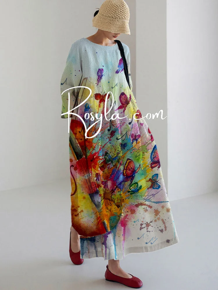 Women's Violin With Butterfly Print Long Sleeve Midi Dress