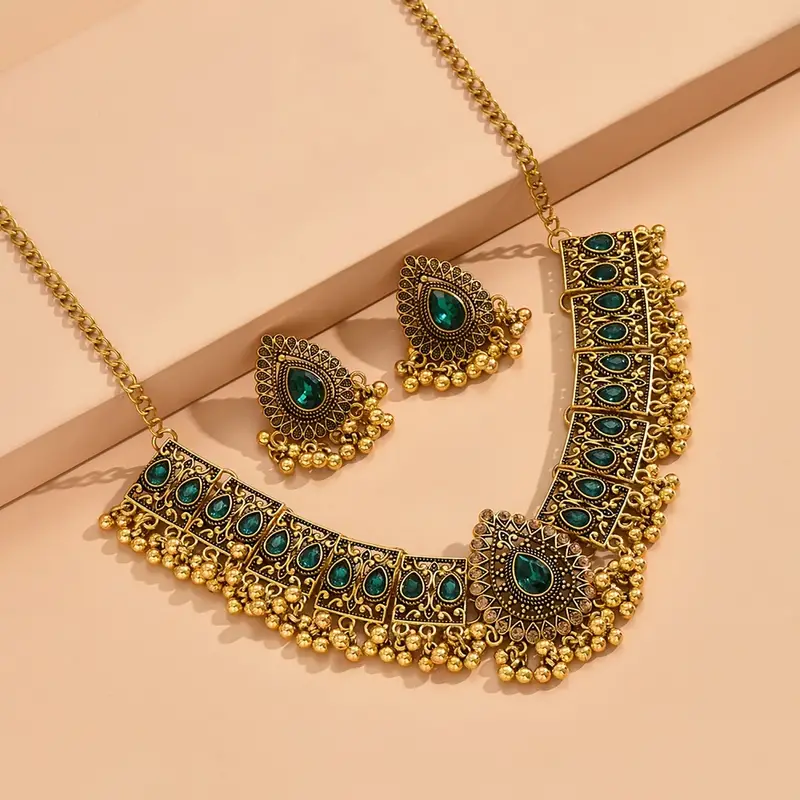 bollywood style 1 pair of earrings 1 necklace vintage jewelry set retro design inlaid gemstone match daily outfits party accessories details 0