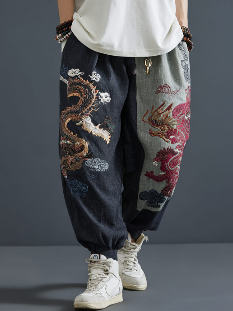 Men's Casual Cotton And Linen Wide-leg Pants With Dragon Patterns And Embroidered Floral Patterns  artssus