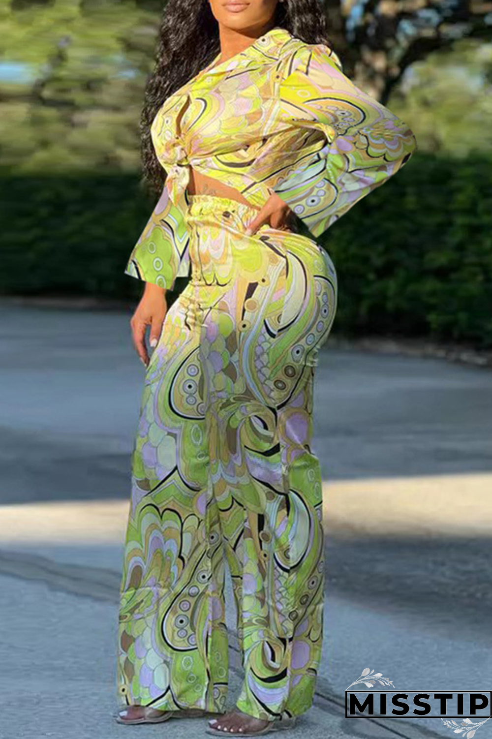 Fluorescent Green Fashion Print Patchwork Turndown Collar Long Sleeve Two Pieces