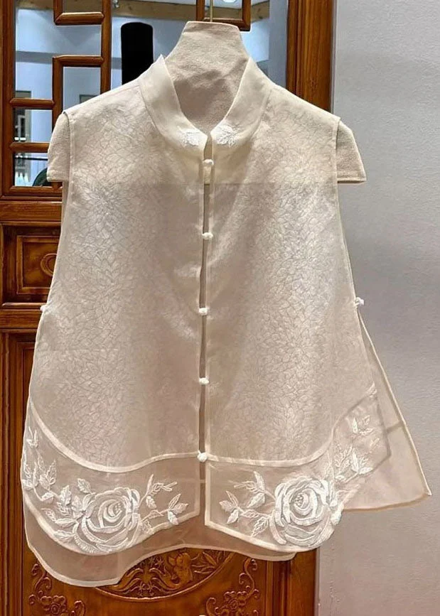 Chinese Style White Embroideried Patchwork Tulle Blouse Tops Sleeveless