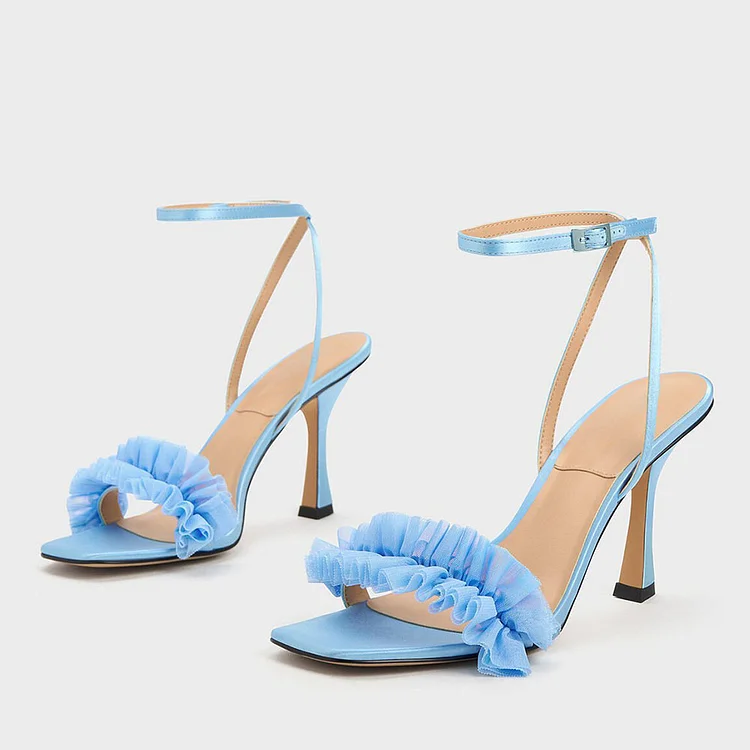 Blue Ruffled Mesh Open Toe Flared Heel Ankle Strap Women's Sandals |FSJ Shoes