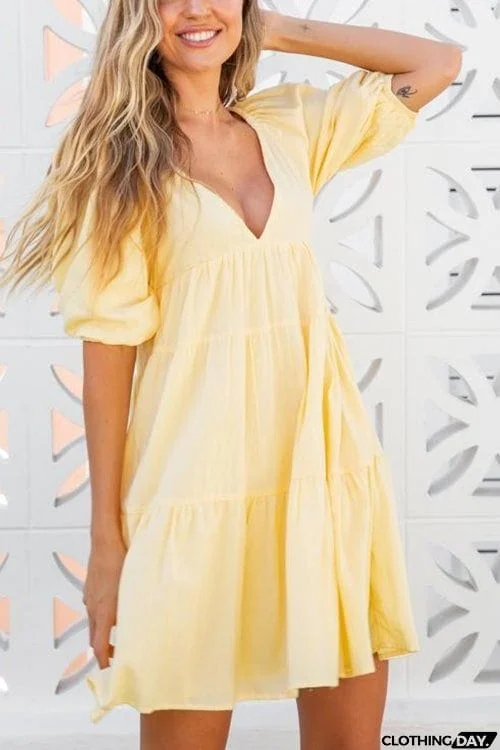 V Neck Puff Sleeve Mini Dress