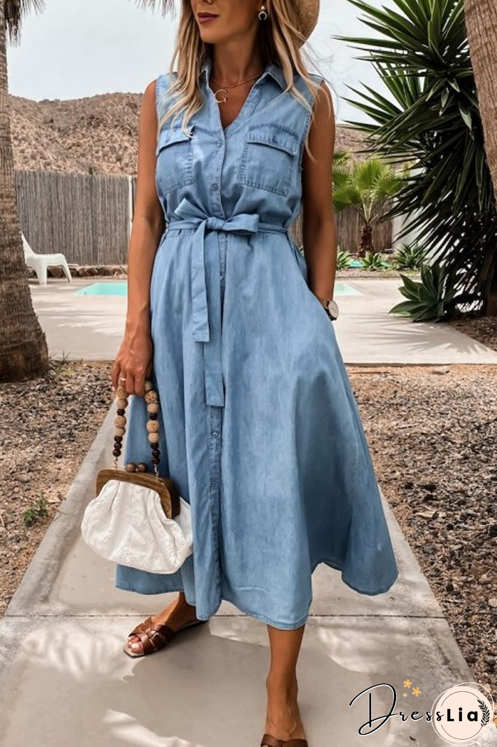 Denim Single-Breasted Belt Sleeveless Dress