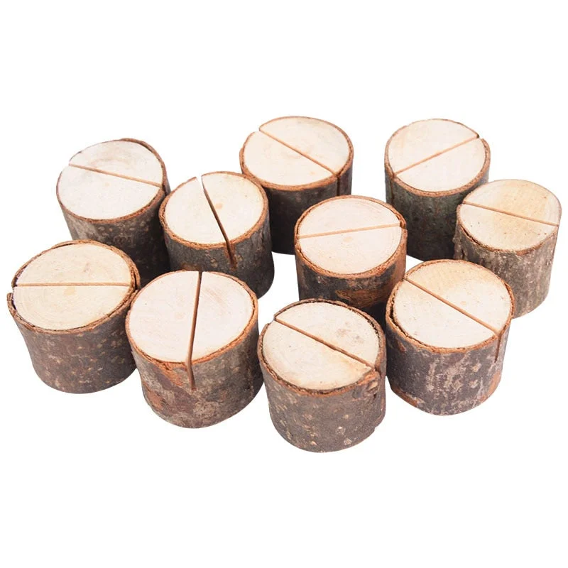 10pcs Natural Wooden Place Card Holders Stand Card Photo Clip Holder Rustic Wedding Decorations Party Table Number Name Sign