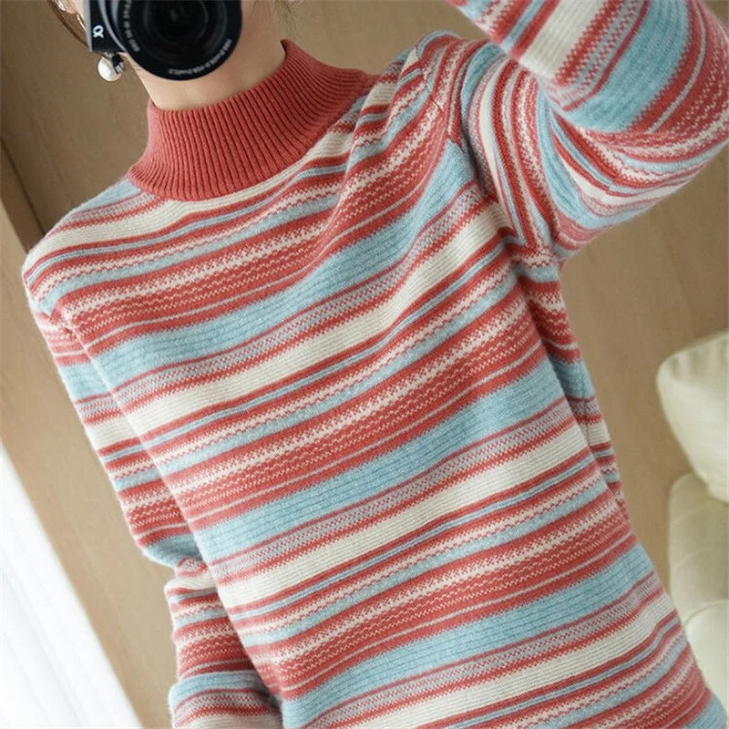 2020 New Fashion Striped Turtleneck Knitted Sweater Women Autumn Winter Pullover Casual Top Bottoming Long Sleeve Sweaters KW308