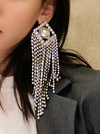 Exaggerated Tassel Full Diamond Pearl Earrings
