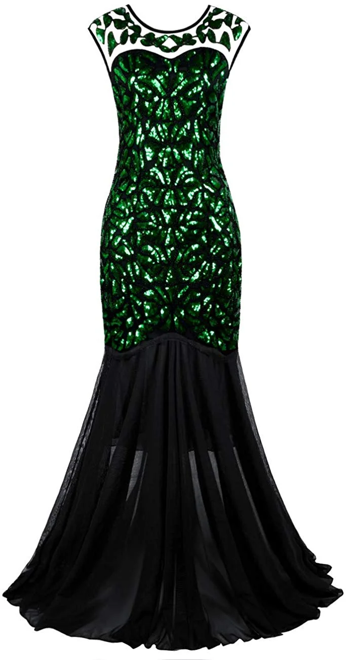 1920s Dress Women 's Black Sequin Gatsby Maxi Long Evening Prom Dress