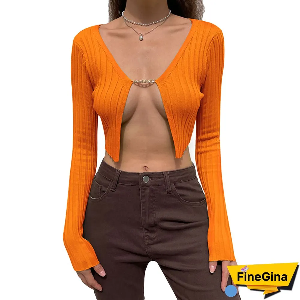 Y2k Crop Tops Women Knitted Long Sleeve Tshirt Skinny Party Clubwear Outfits Korean Fashion Cardigan Clothes