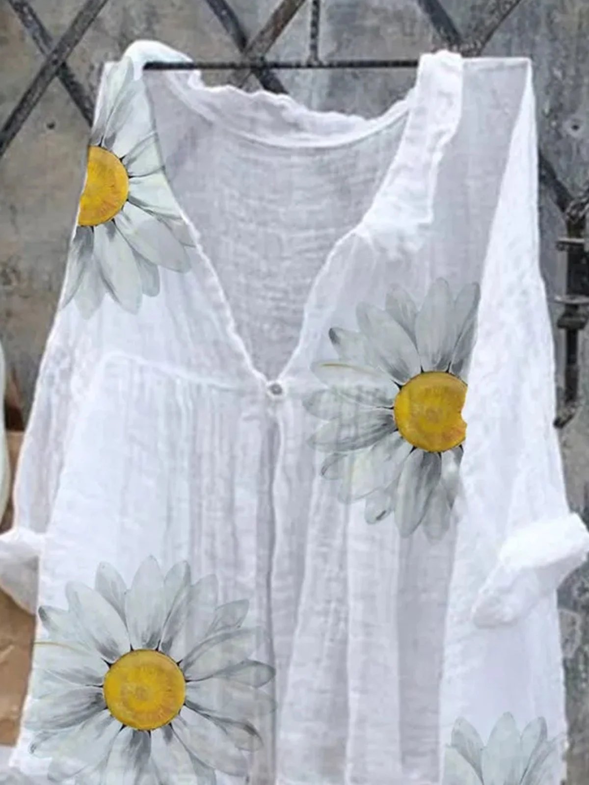 Silk wrinkled sunflower printed lapel top2