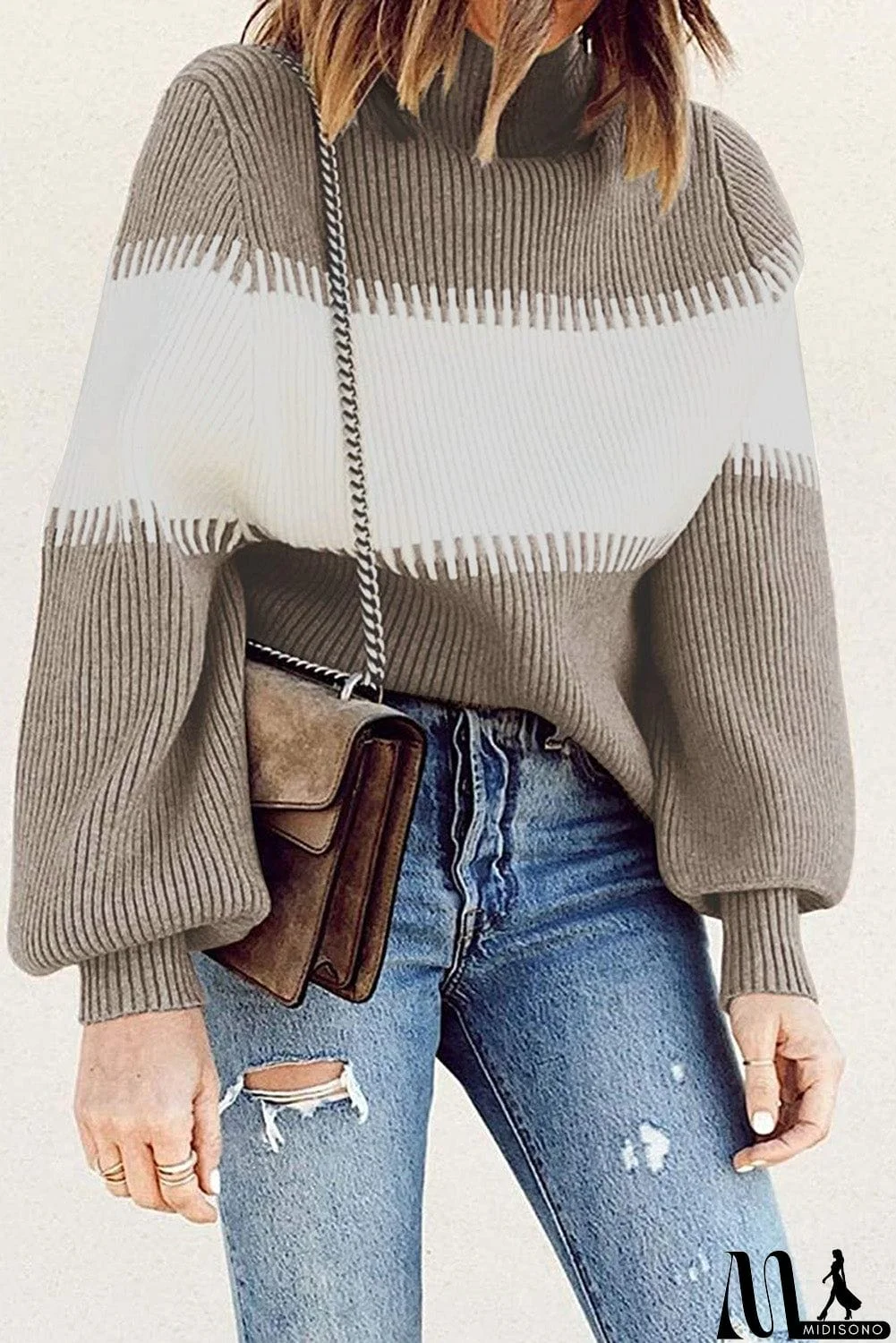 MidiSono - Color Block High Neck Pullover Sweater