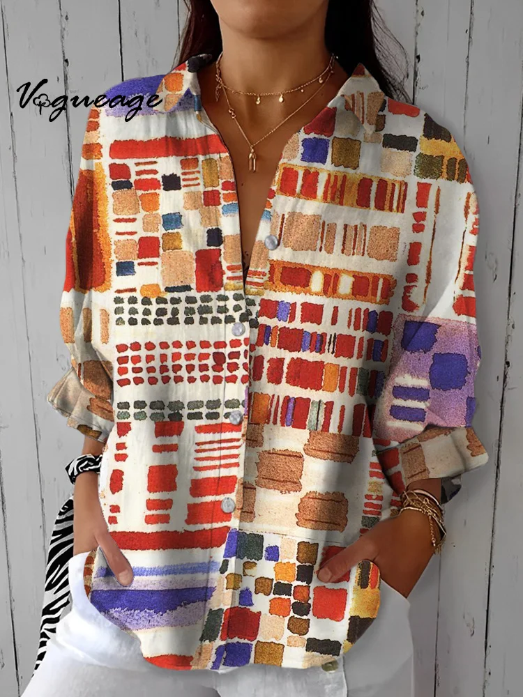 Simple Pastel Colored Squares Printed Cotton And Linen Shirt