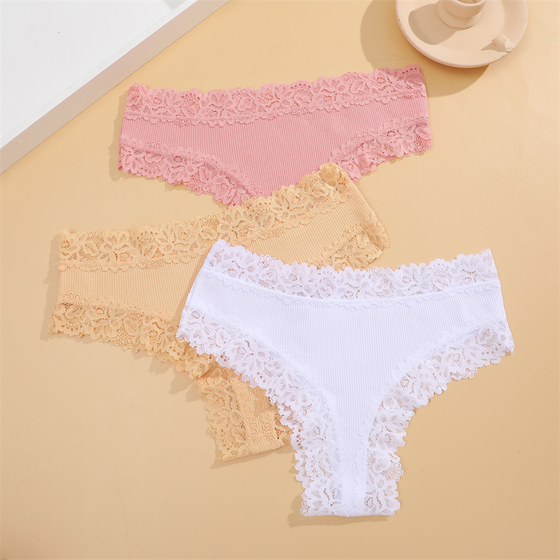 Intbuyer New Lace Seamless Cotton Panties Ribbed Maillard Brazilian Pants LowWaist Women Panties Breathable Girls Underwear Soft Lingerie