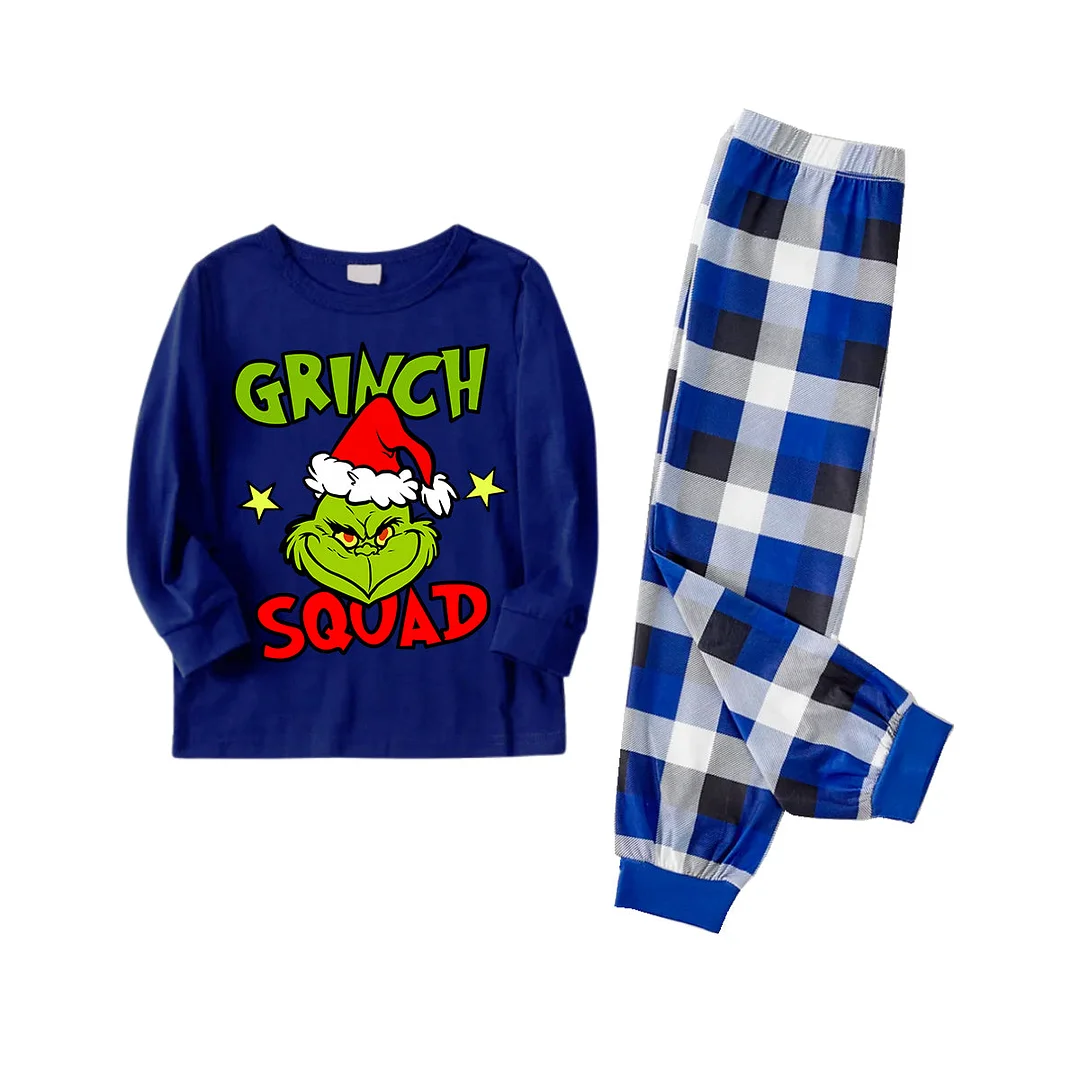 Cute Cartoon and Funny Christmas Slogan Print Contrast Blue Long Sleeve with Blue and White Plaid Pants Family Matching Pajamas